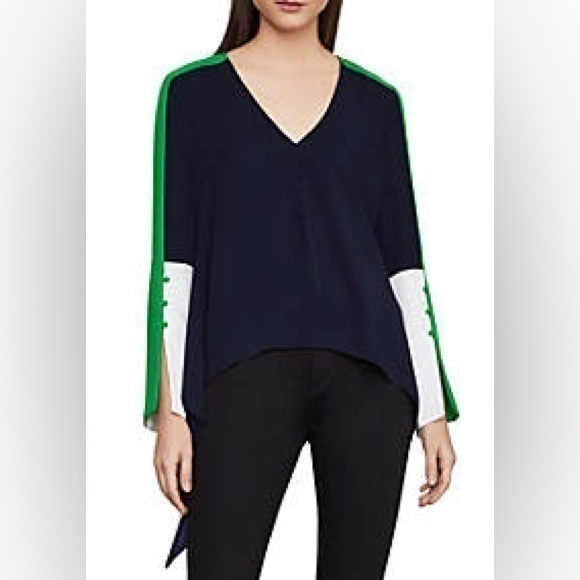 BCBGMAXAZRIA Navy‎ Blue & Green V-Neck Shark Bite Colorblock Top Sz XS - Picture 1 of 7